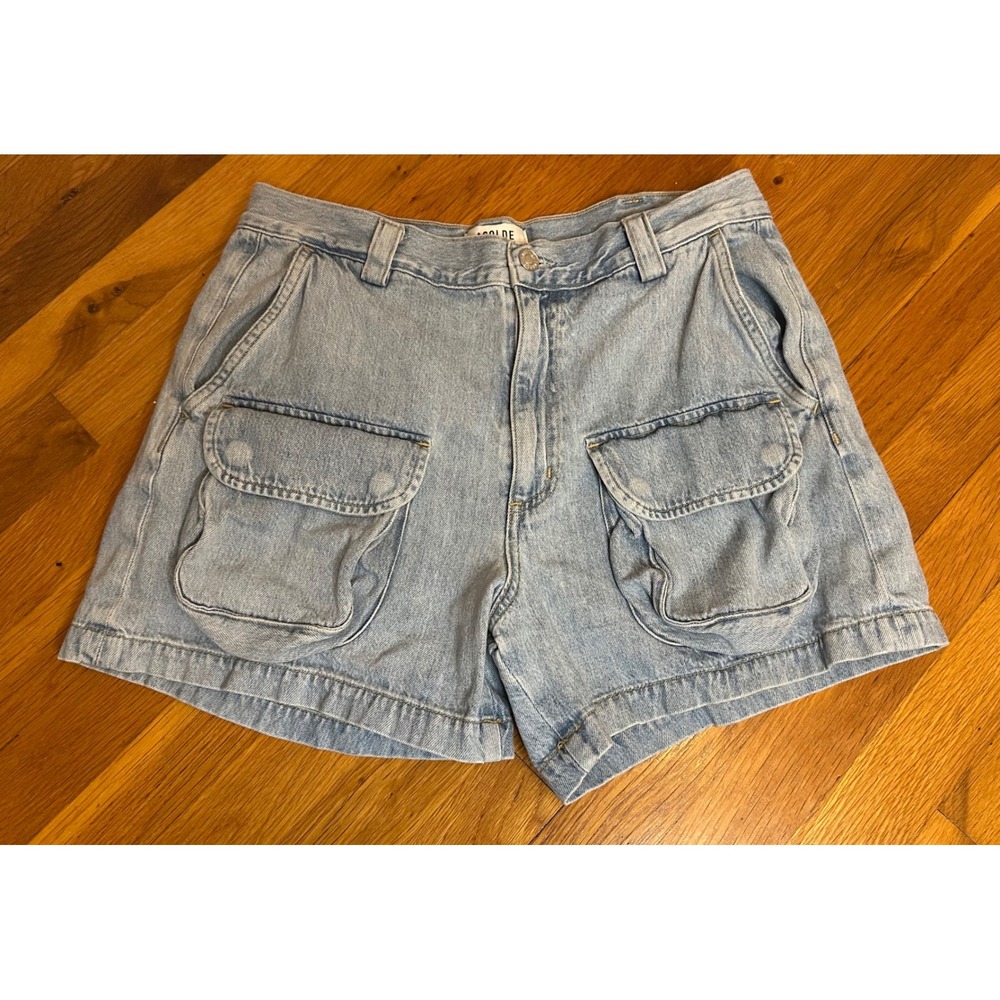 Agolde Vida Short Light Wash Blue Denim Cargo Shorts Organic Cotton Size 28